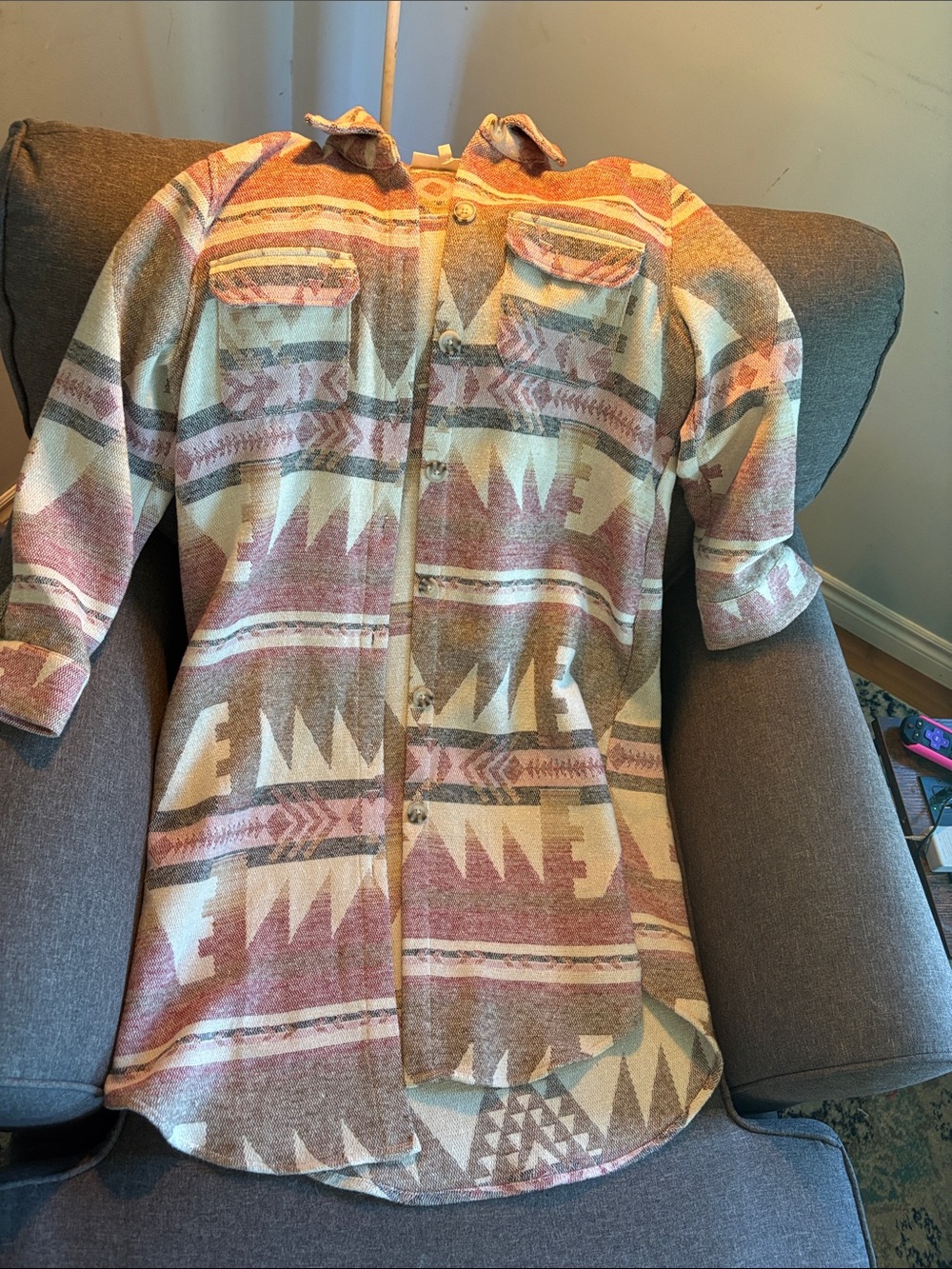 Aztec Print Button-Up Shacket in Peach, Cream & Taupe